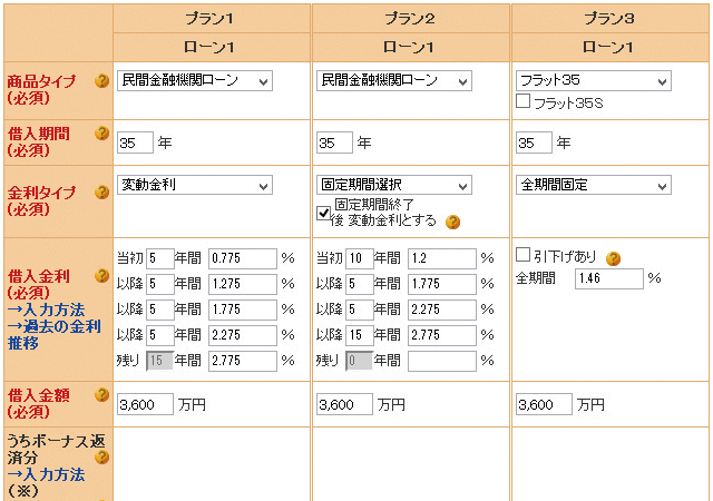 宅金融支援機構「返済プラン比較シミュレーション」入力フォームの一部