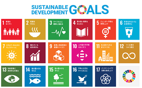 SDGsマーク（Sustainable Development Goals：持続可能な17の開発目標を表したシンボルマーク群）