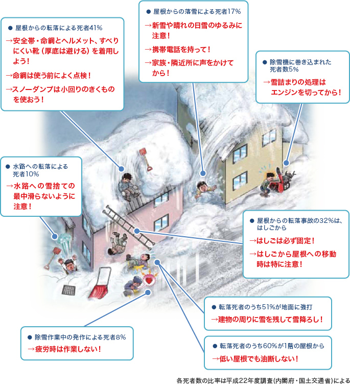 除雪作業中に起きる事故のイメージ。屋根からの転落による死者41%、屋根からの落雪による死者17%、除雪機に巻き込まれた死者数5％、水路への転落による死者10%、屋根からの転落事故の32%は梯子から、転落死者のうち51%が地面に強打、転落死者のうち60%が1階の屋根から、除雪作業中の発作による死者8%。各死者数の比率は平成22年度調査(内閣府・国土交通省)による。