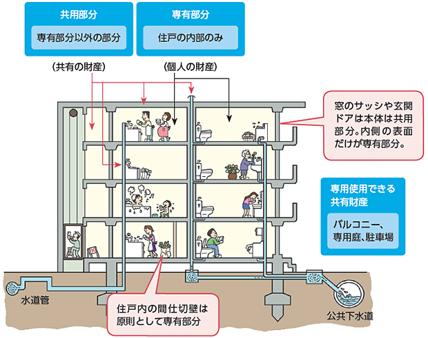 マンション管理の概要説明のためのマンション物件断面図。住戸の内部は個人資産であり専有部分。専有部分以外は共有財産であり共用部分。窓のサッシ・玄関ドア本体は共用部分で内側表面だけ専有部分。バルコニー・専用庭・駐車場は共有財産。